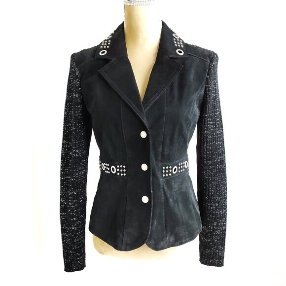 AMI Black Suede Studded Metallic Knit Long Sleeve Snap Button Jacket Women Small - Picture 1 of 9